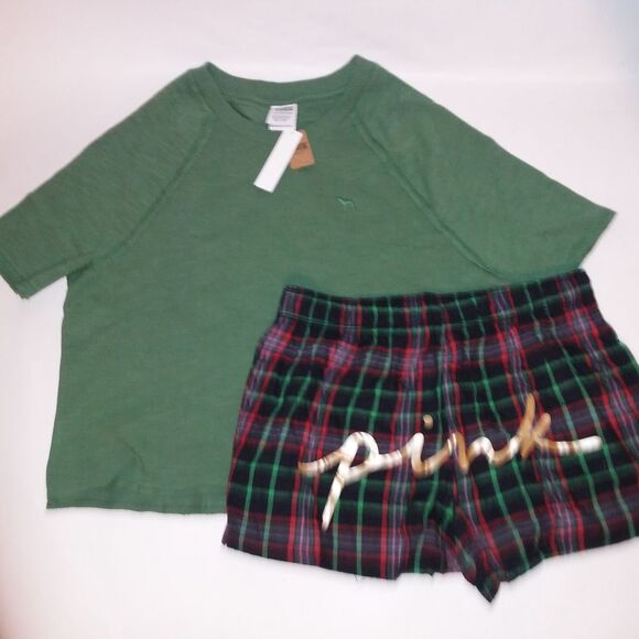 Victoria Secret PINK Pajama Set Short Sleeve & Shorts XS Green Black Red Logo Pl - Picture 2 of 13
